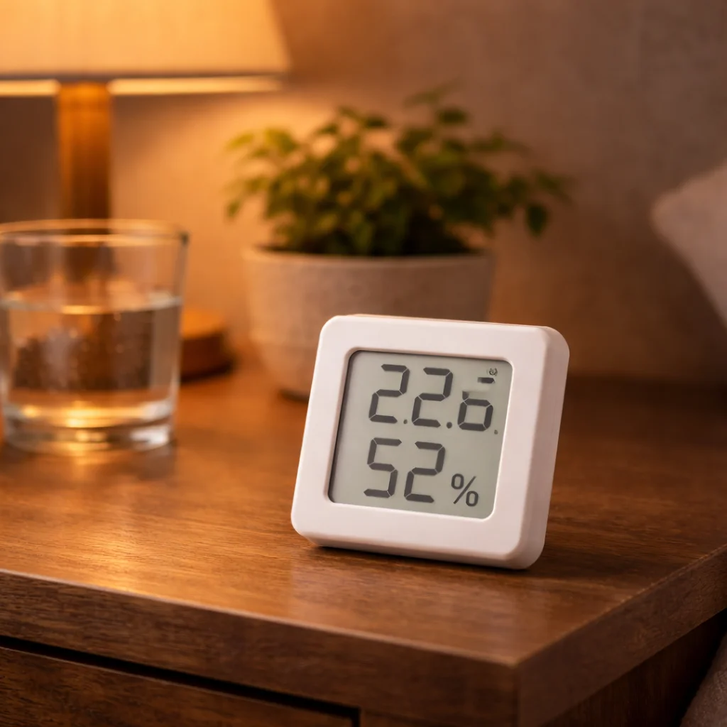 Termômetro digital de quarto sobre mesa de cabeceira, monitorar temperatura para dormir melhor