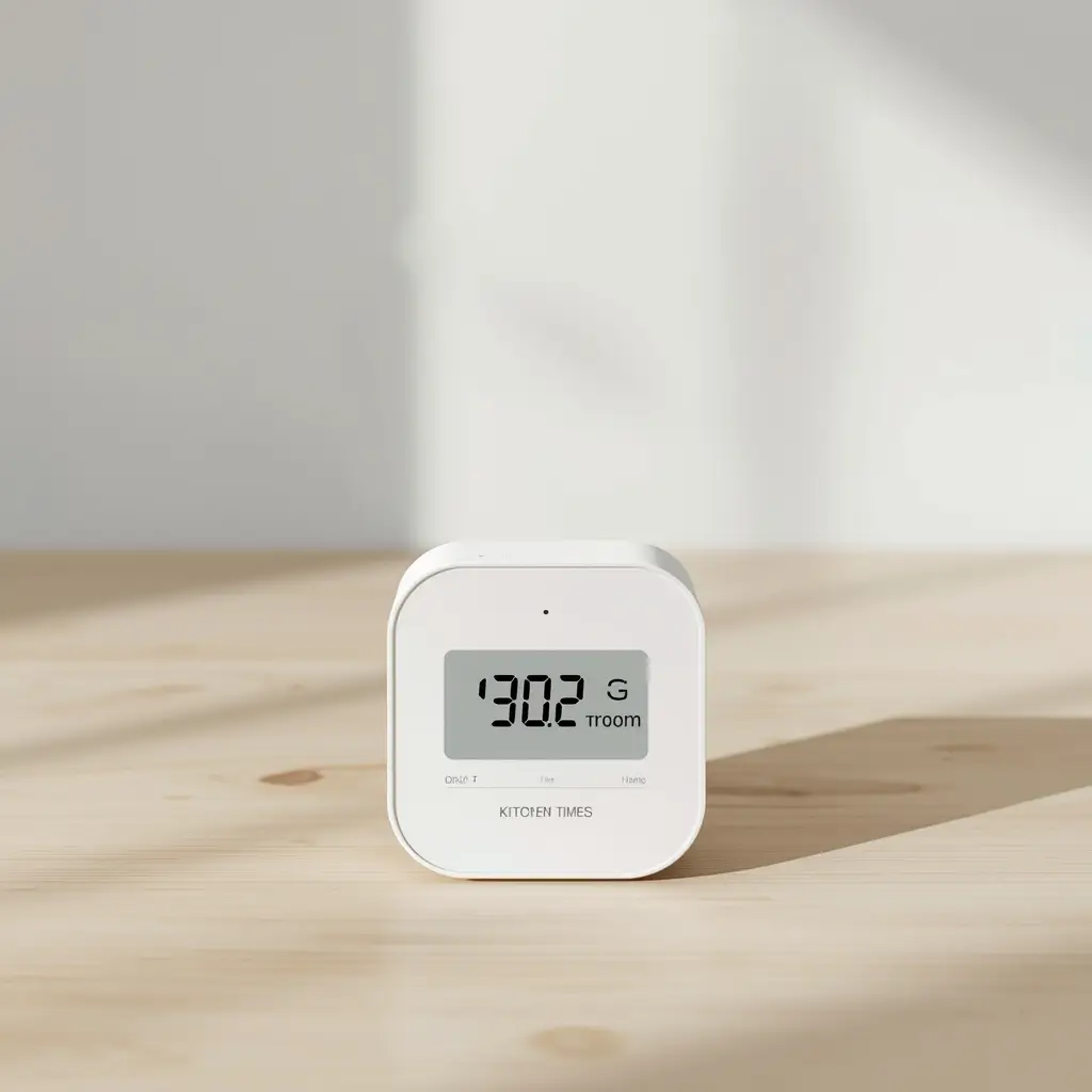 Timer digital de cozinha branco sobre superfície clara — timer para sessões de exercícios anti-estresse