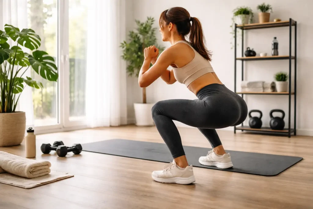 Pessoa fazendo agachamento com peso corporal em casa — tipos de exercícios físicos força e cardio