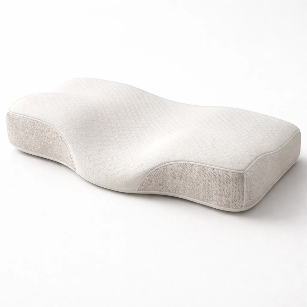 Travesseiro ergonômico branco sobre cama - suporte cervical para dormir melhor