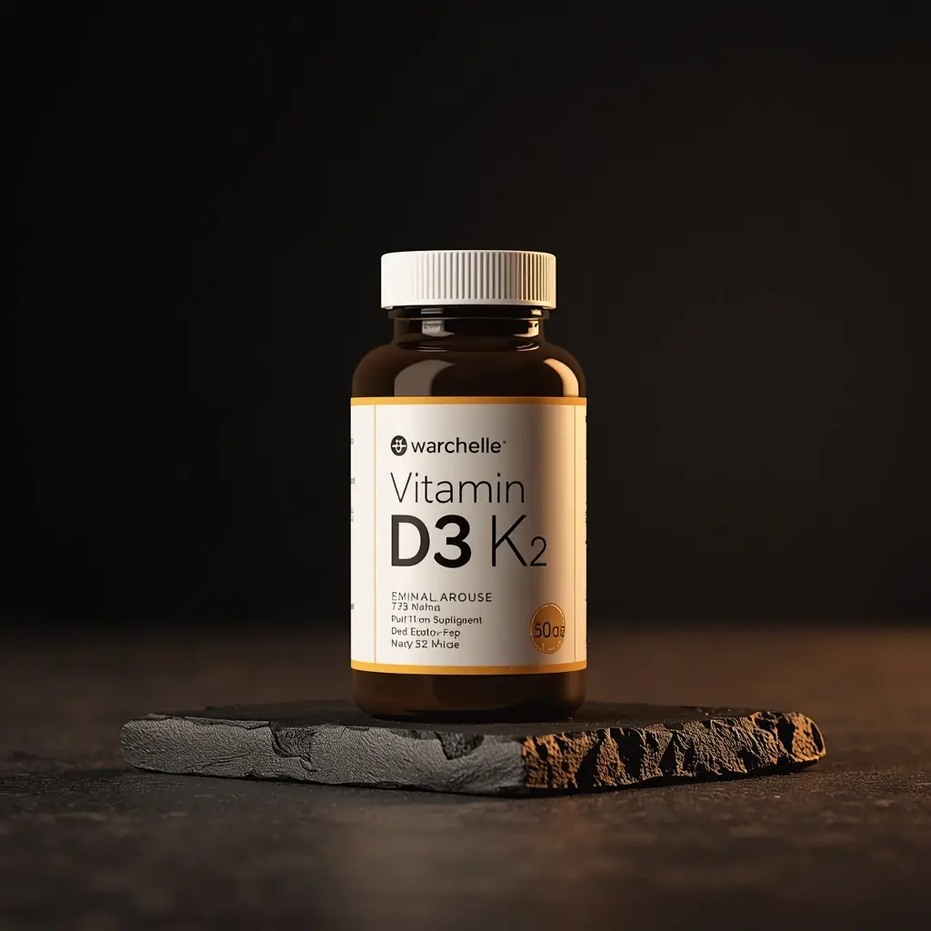 Frasco de vitamina D3 K2 sobre superfície escura — corrigir deficiência resolve acordar cansado
