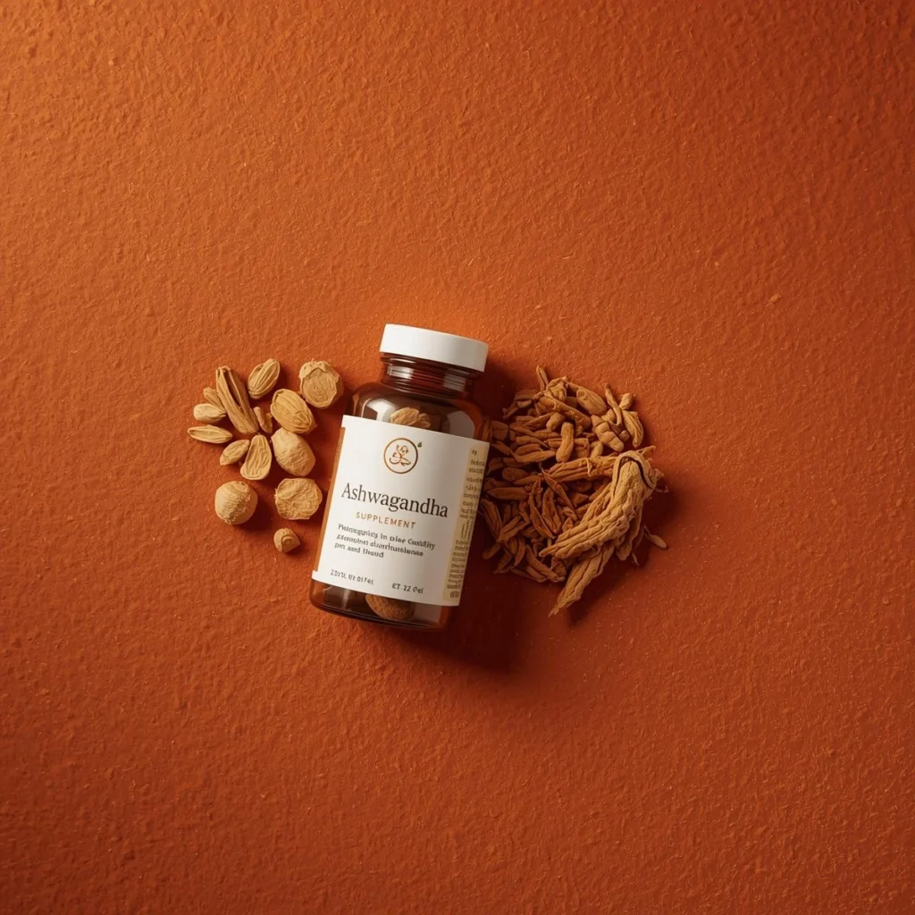 Frasco de ashwagandha adaptógeno suplemento para ansiedade e sono melhor