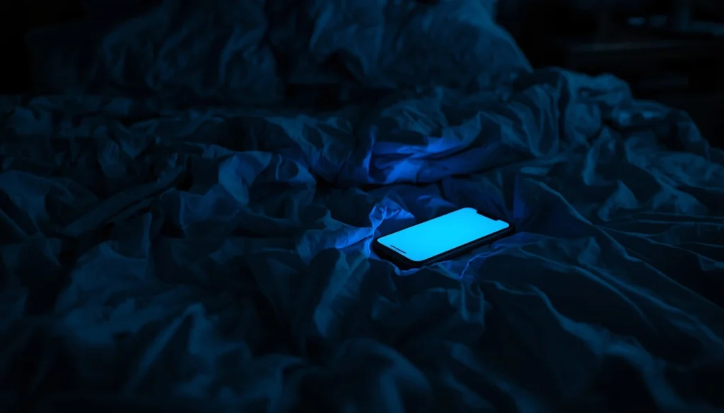 Pessoa estressada à noite com tela de telemóvel iluminando o rosto — causa de sono de má qualidade
