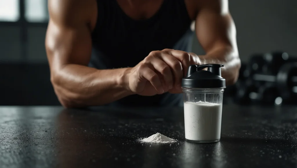 Pessoa misturando creatina em pó com sumo após treino — como tomar creatina do jeito certo