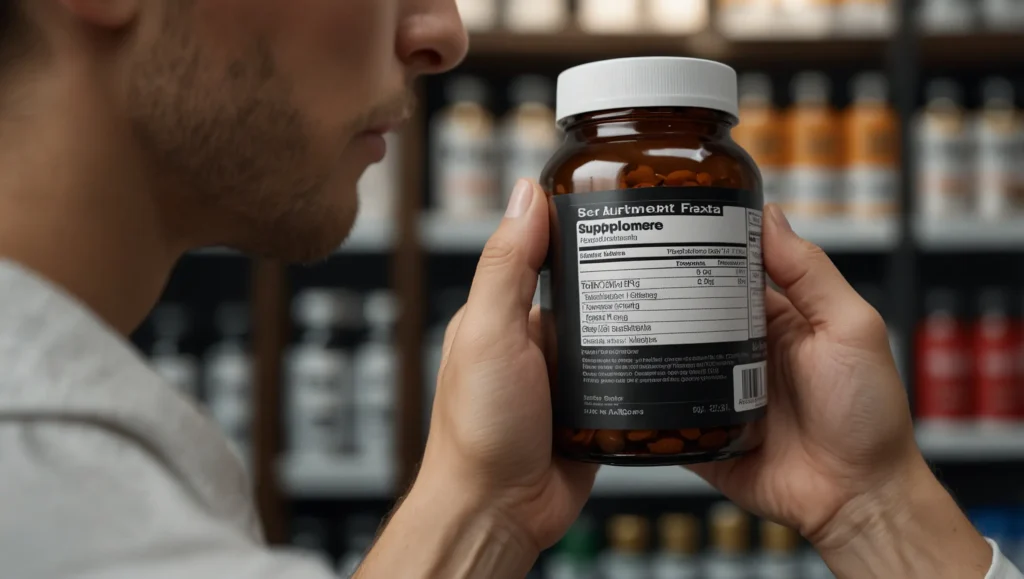 Pessoa examinando rótulo de creatina com certificação de pureza — Creapure creatina pureza certificação