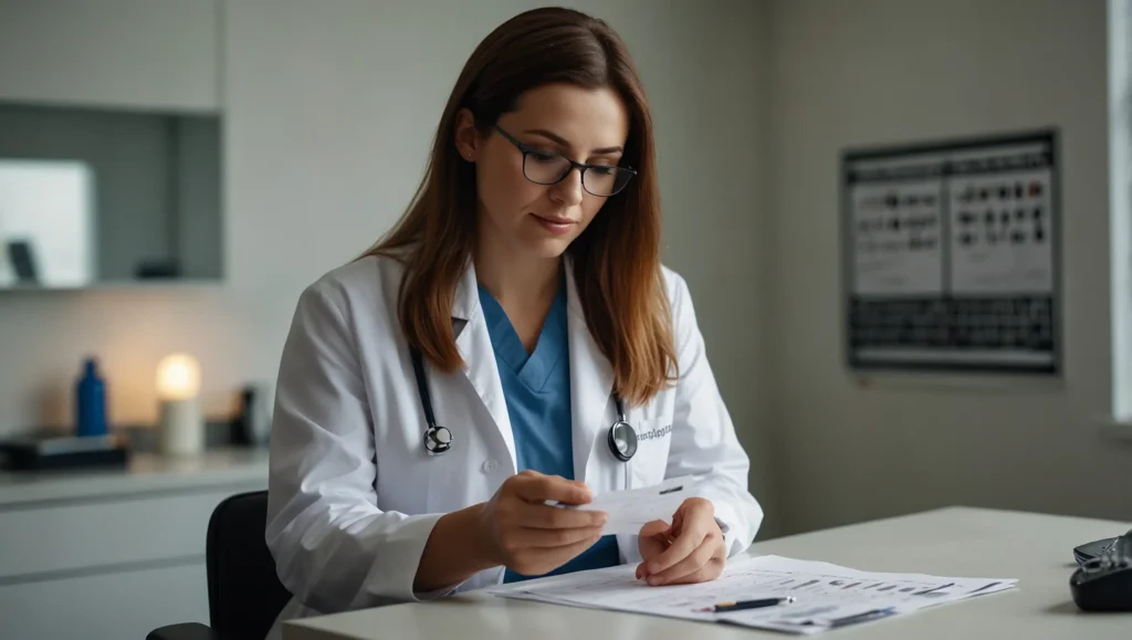 Pessoa em consulta médica com análise de sangue para vitamina D — exame 25(OH)D antes de tomar vitamina D3 K2