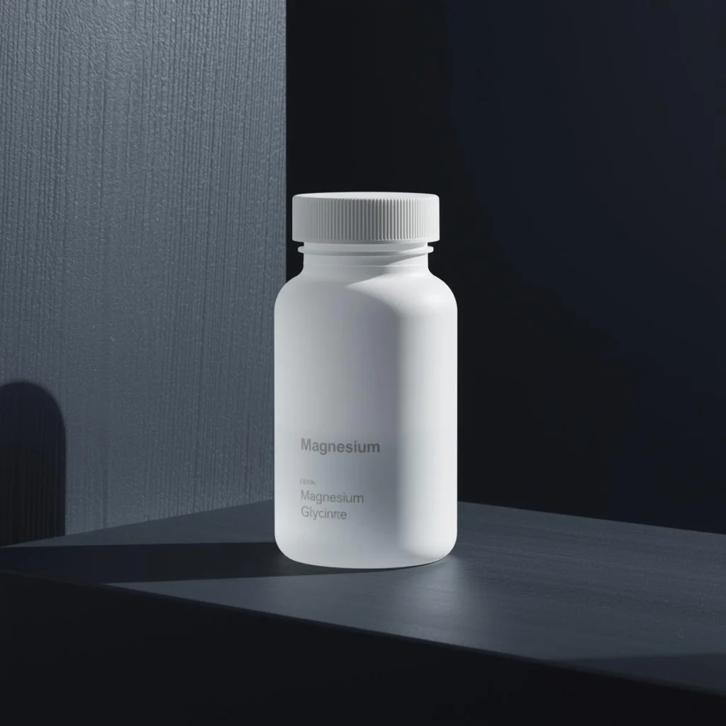 Frasco de magnésio glicinato suplemento natural para dormir sobre fundo escuro