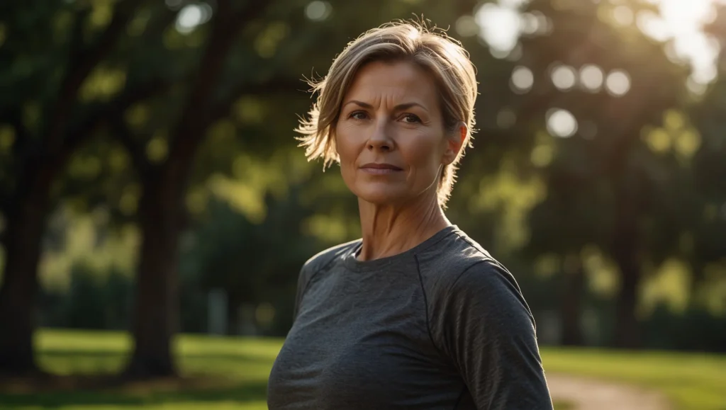 Mulher activa acima dos 40 anos praticando exercício — multivitamínico para mulheres acima de 40 anos