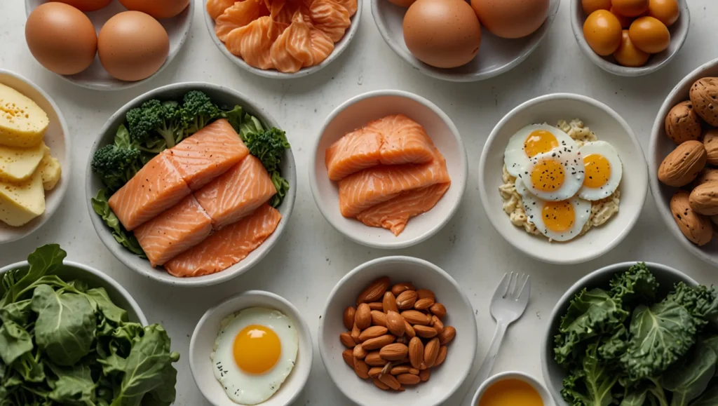 Mulher em diferentes fases da vida com alimentos ricos em ferro vitamina D e magnésio — nutrientes específicos para mulheres