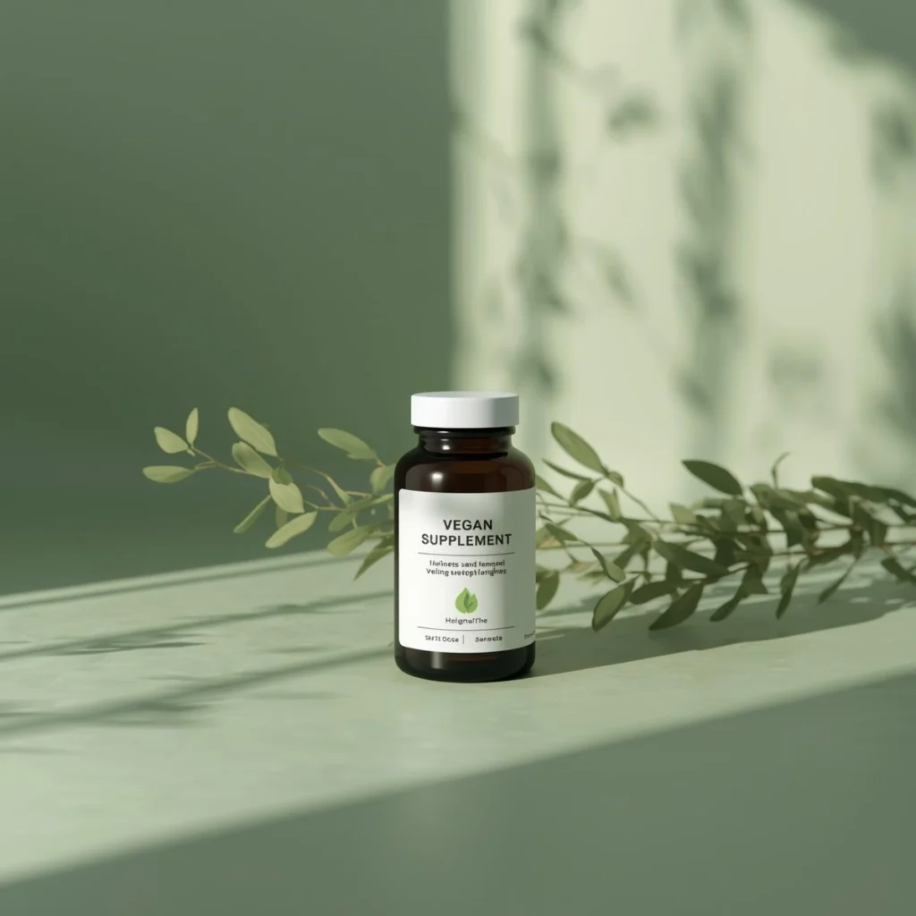Frasco de suplemento vegano para dormir melhor com ingredientes naturais sobre fundo verde