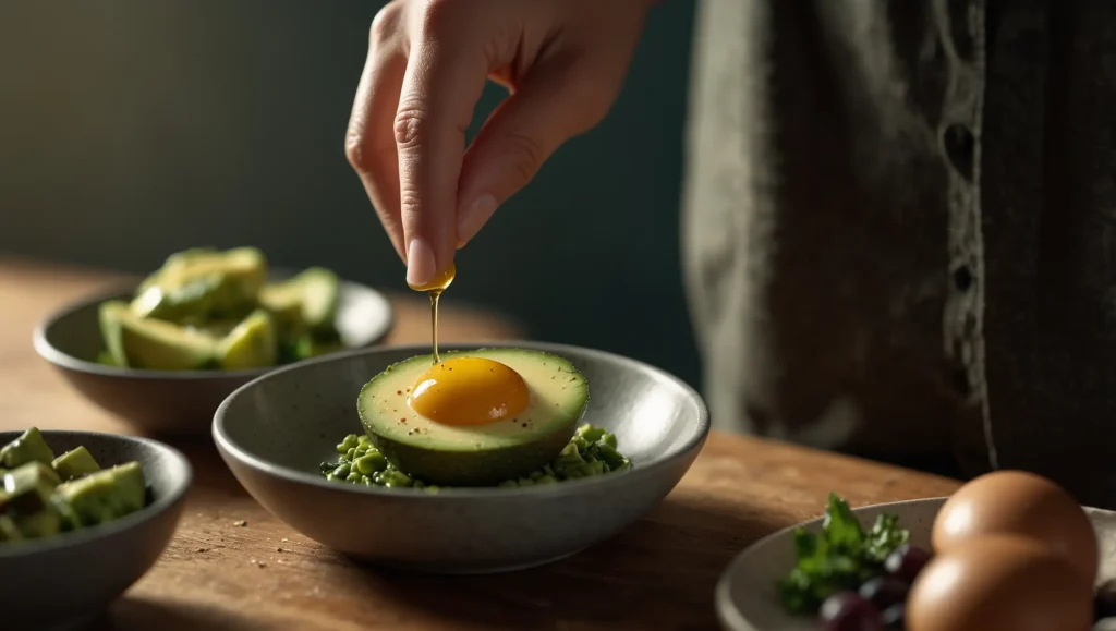 Pessoa tomando suplemento de vitamina D3 K2 com refeição rica em gorduras saudáveis — como tomar vitamina D3 K2 para máxima absorção