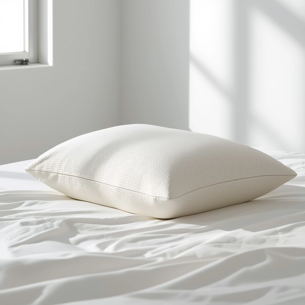 Travesseiro de látex natural Castor branco sobre cama com lençol claro