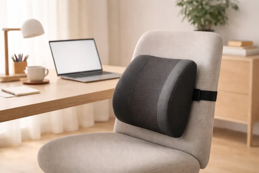 Almofada lombar ergonómica numa cadeira de escritório — suporte lombar para quem trabalha sentado