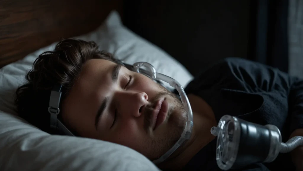 Pessoa com aparelho CPAP a dormir — apneia do sono causa boca seca ao acordar