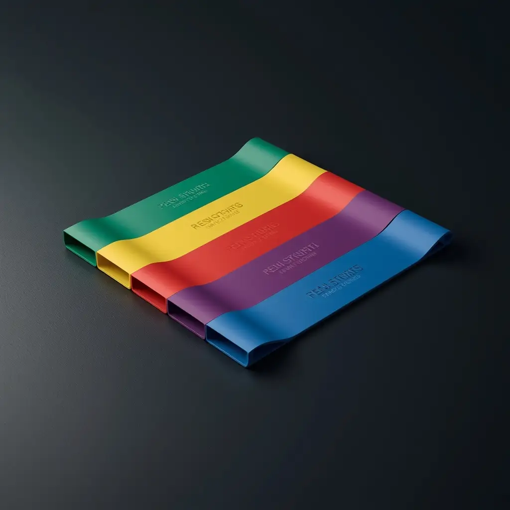 Conjunto de bandas elásticas coloridas sobre superfície escura — resistance band para exercícios de joelho