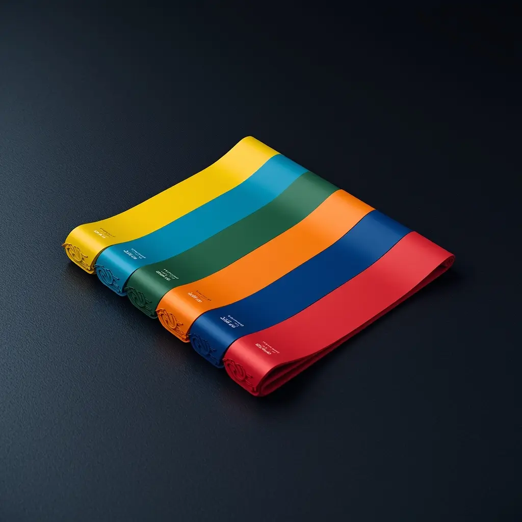 Conjunto de bandas elásticas coloridas sobre superfície escura — resistance bands para exercícios após os 50 anos