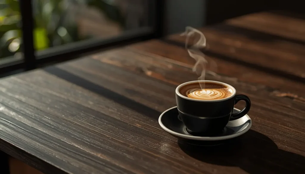 Chávena de café expresso sobre mesa de madeira — café faz mal ou faz bem à saúde