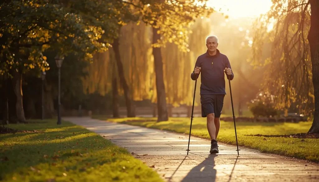 Pessoa madura caminhando num parque com bastões de caminhada nórdica — exercício ideal para mais de 50 anos