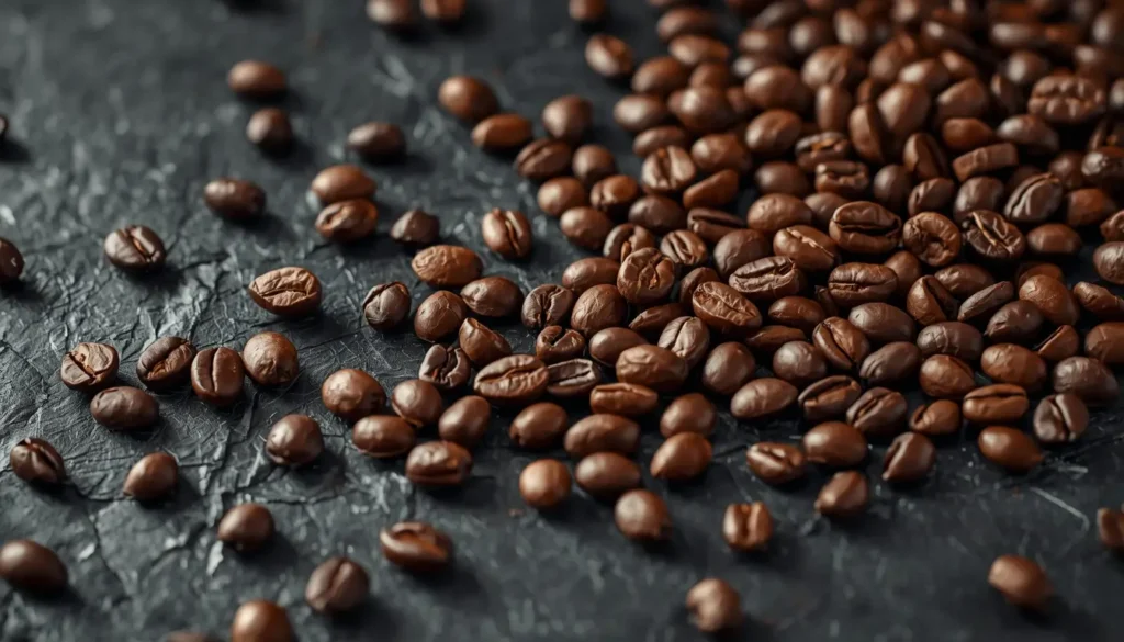 Grãos de café torrados sobre superfície escura — compostos bioactivos do café e saúde