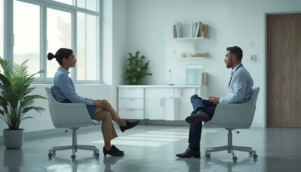 Pessoa em consulta médica discutindo tontura ao levantar — quando ir ao médico