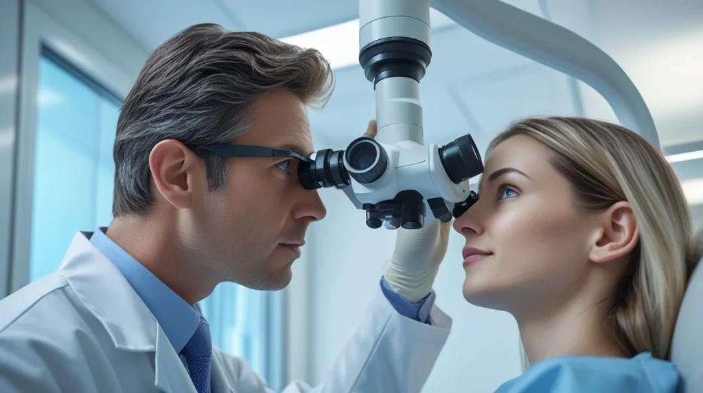  Médico oftalmologista examinando o olho de um paciente — quando consultar médico por olho piscando sozinho