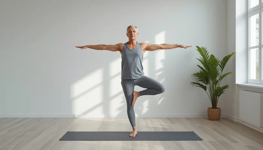Pessoa madura fazendo exercício de equilíbrio numa perna em tapete de yoga — exercícios de equilíbrio para mais de 50 anos