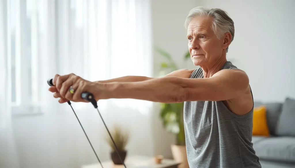 Pessoa madura fazendo exercício com banda elástica em casa — exercícios para mais de 50 anos