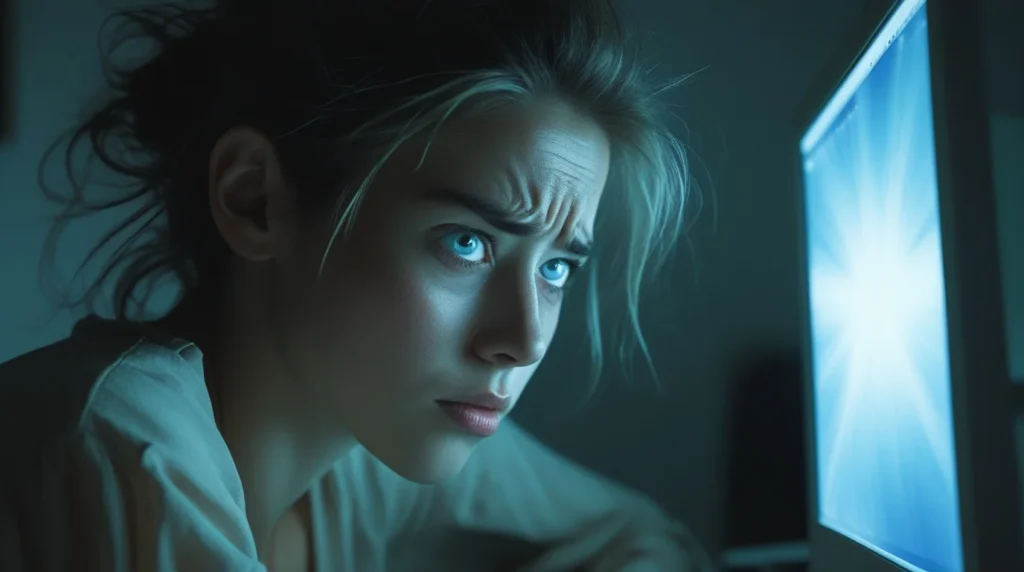 Pessoa com olhos cansados a olhar para ecrã de computador — fadiga visual causa olho piscando sozinho