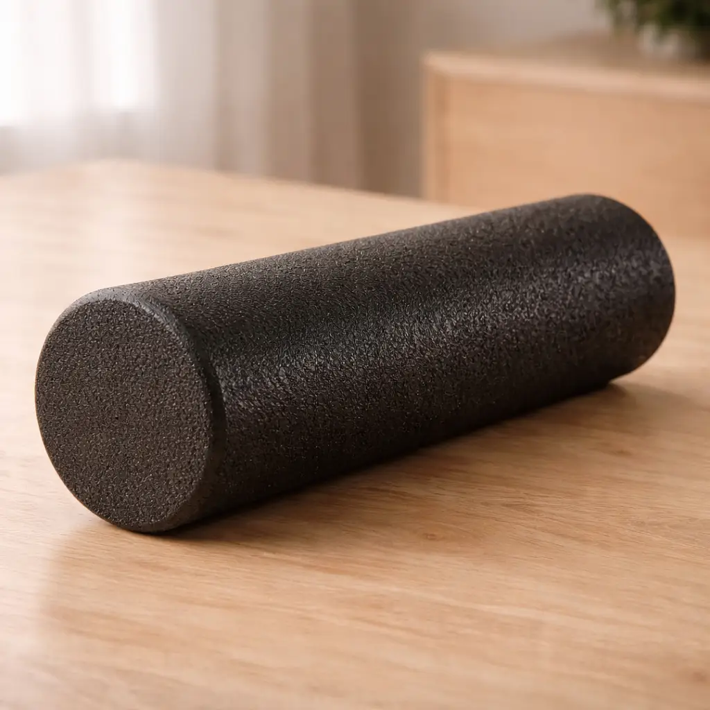 Rolo de espuma foam roller preto sobre superfície clara — foam roller para coluna após trabalho sentado