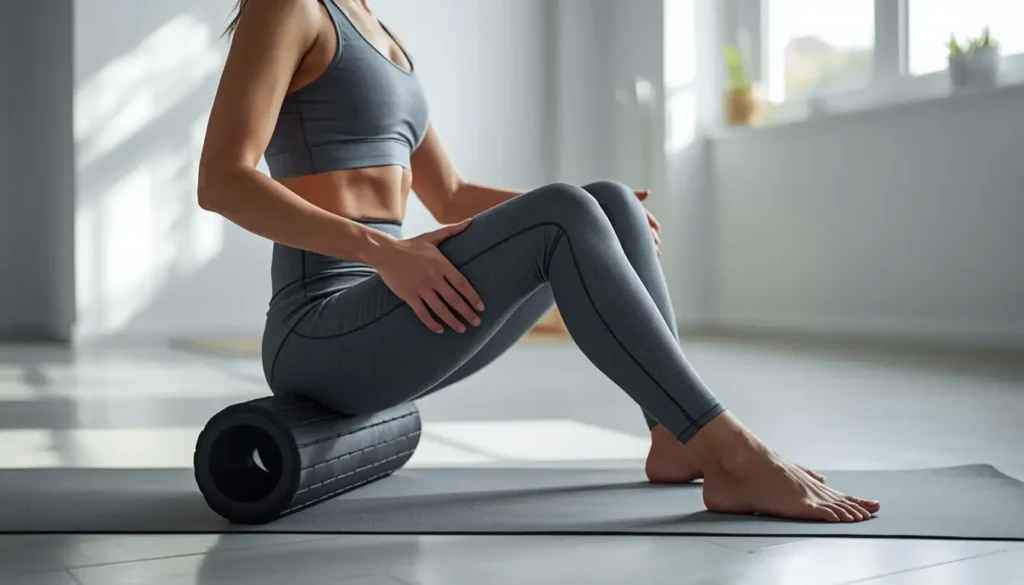 Pessoa usando rolo de espuma foam roller na coxa para recuperação e alívio da dor no joelho