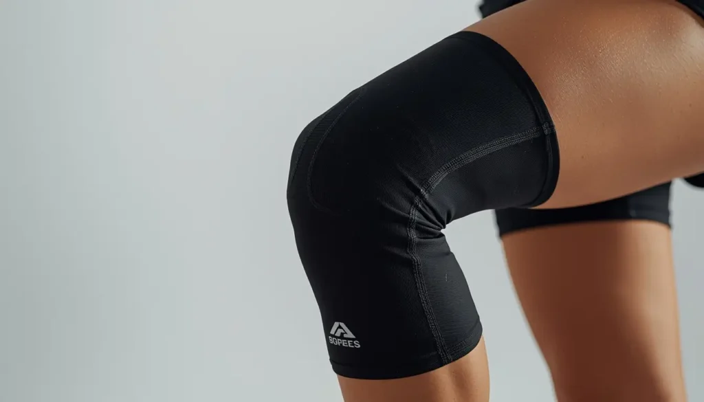 Joelheira de compressão preta num joelho durante exercício — suporte para dor no joelho