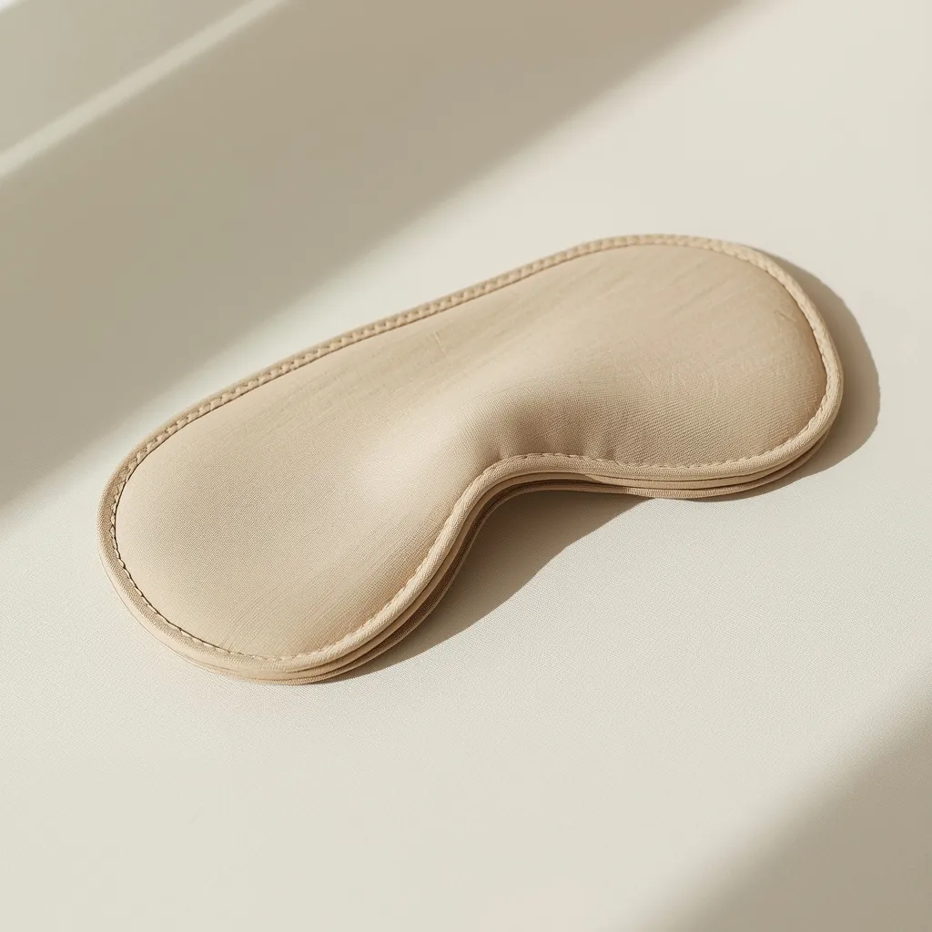 Mavogel Cotton Sleep Eye Mask bege sobre superfície de linho — máscara de dormir de algodão