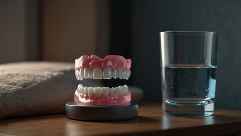 Placa dentária nocturna sobre mesa de cabeceira — tratamento para ranger os dentes à noite