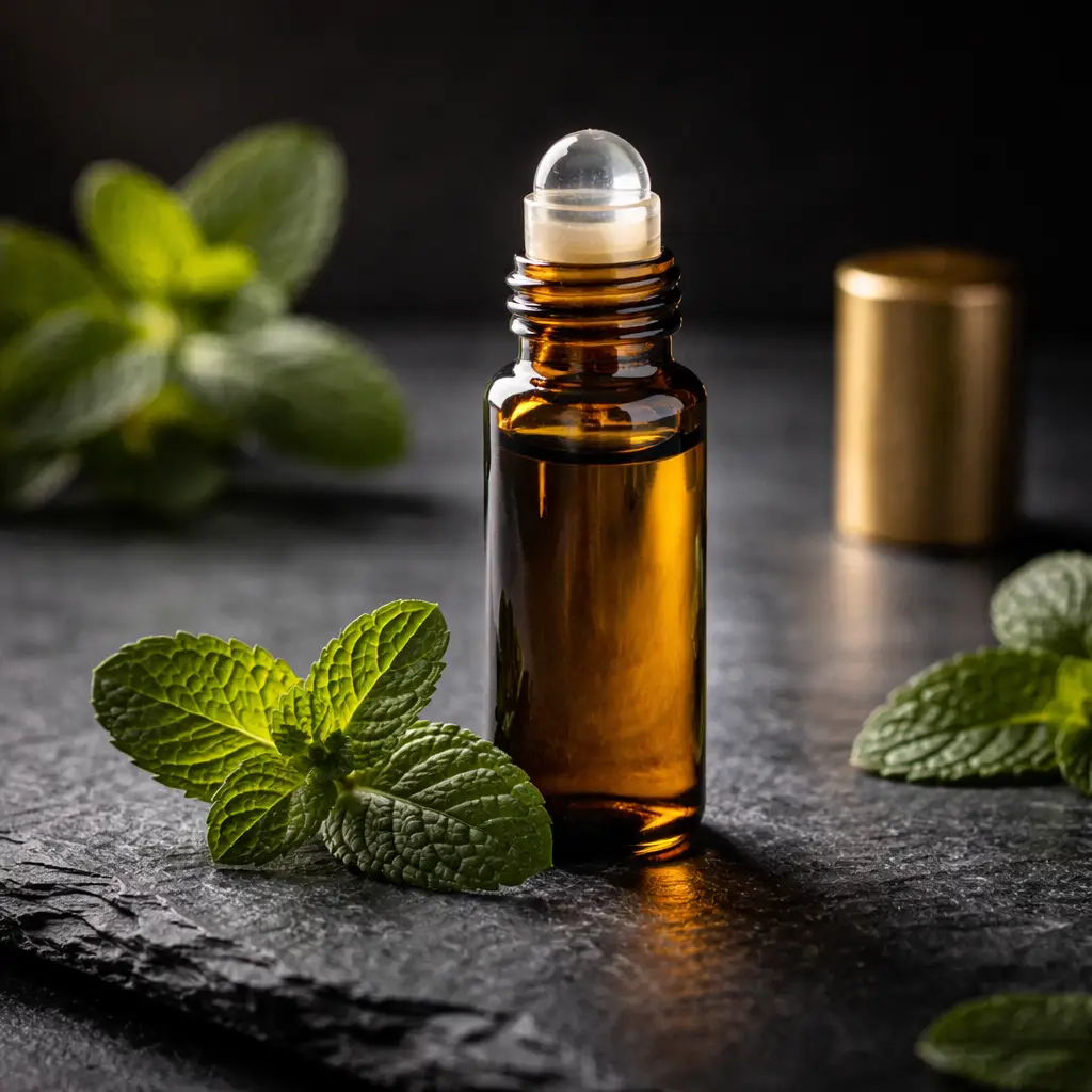 Rolo de óleo essencial de hortelã-pimenta sobre superfície escura - alívio natural de dor de cabeça