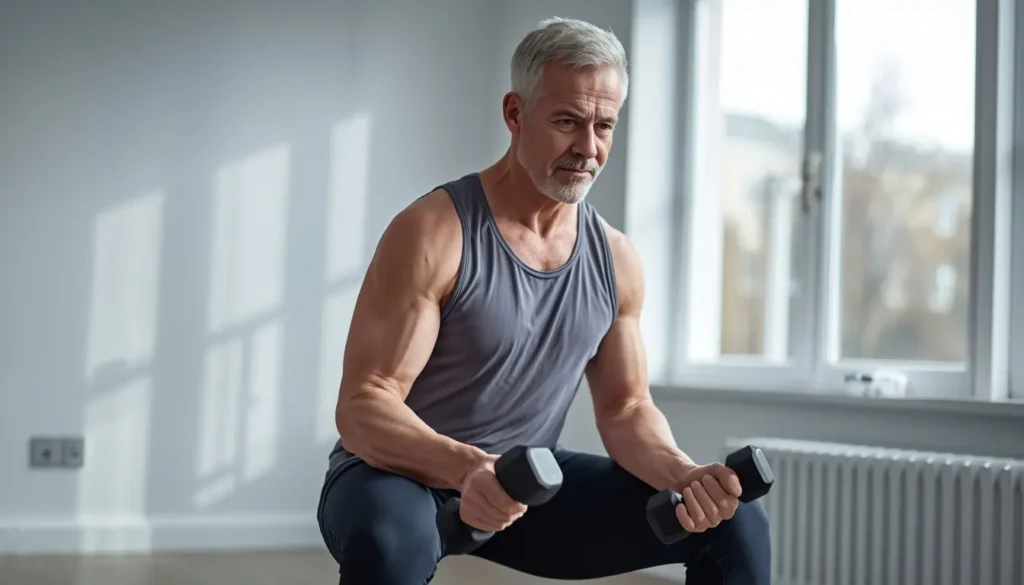 Pessoa madura fazendo exercício de fortalecimento para combater perda de massa muscular após os 50 anos