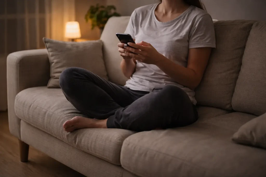 Pessoa sentada no sofá com telemóvel representando sedentarismo e consequências para a saúde