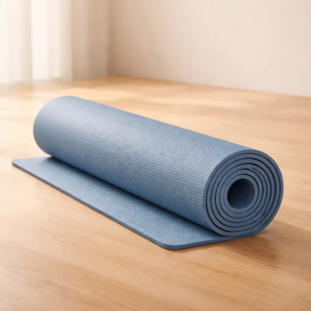 Tapete de yoga azul enrolado sobre superfície clara — tapete antiderrapante para exercícios de joelho