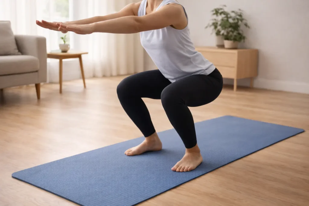 Pessoa iniciante fazendo agachamento leve em tapete de yoga em casa treino leve para iniciantes sedentários