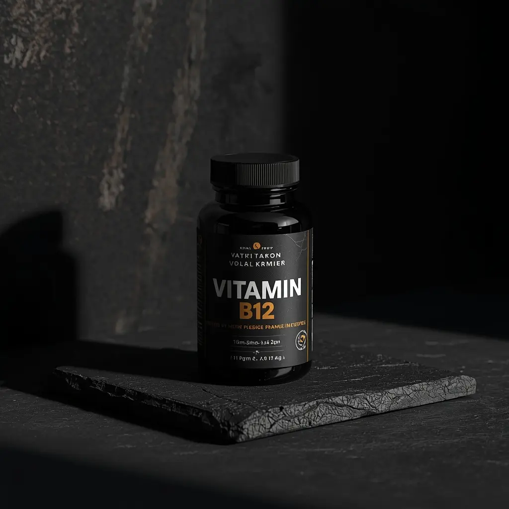 Frasco de suplemento vitamina B12 complexo B sobre superfície escura — vitaminas para saúde dos nervos