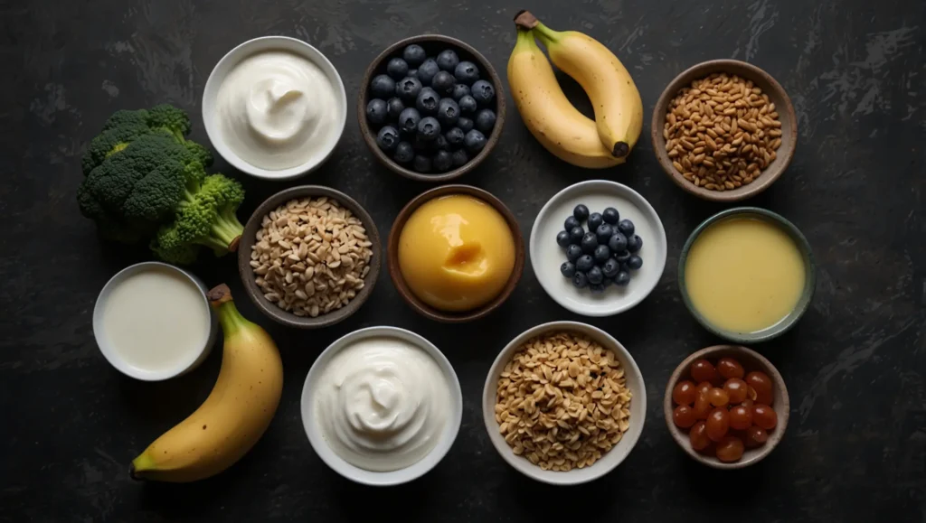 Variedade de alimentos bons para o intestino — iogurte kefir aveia leguminosas mirtilos e azeite