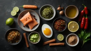 Variedade de alimentos que aceleram o metabolismo — chá verde malagueta ovos gengibre canela e proteína