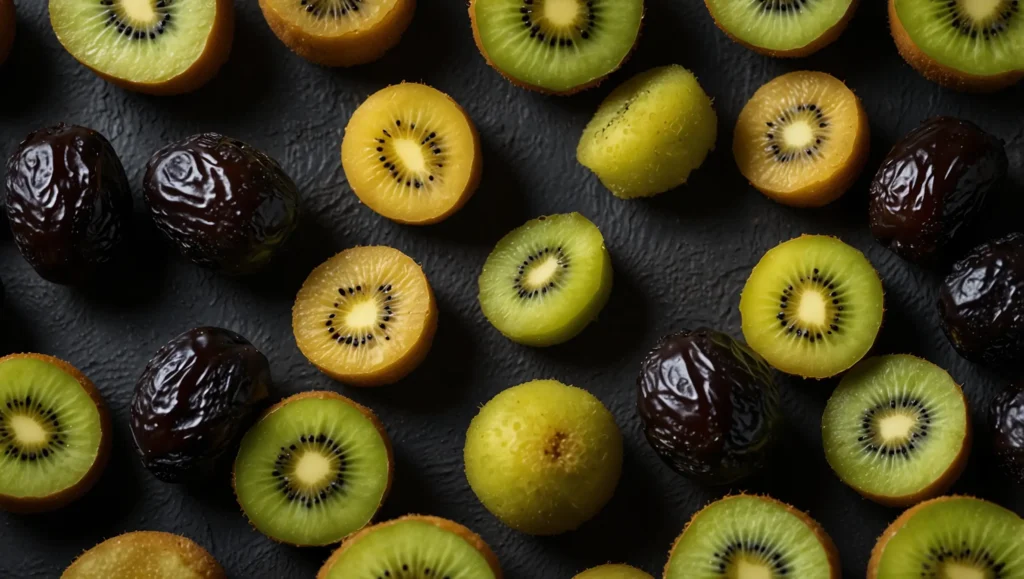 Ameixas secas e kiwis frescos cortados — ameixa e kiwi as melhores frutas para intestino preso
