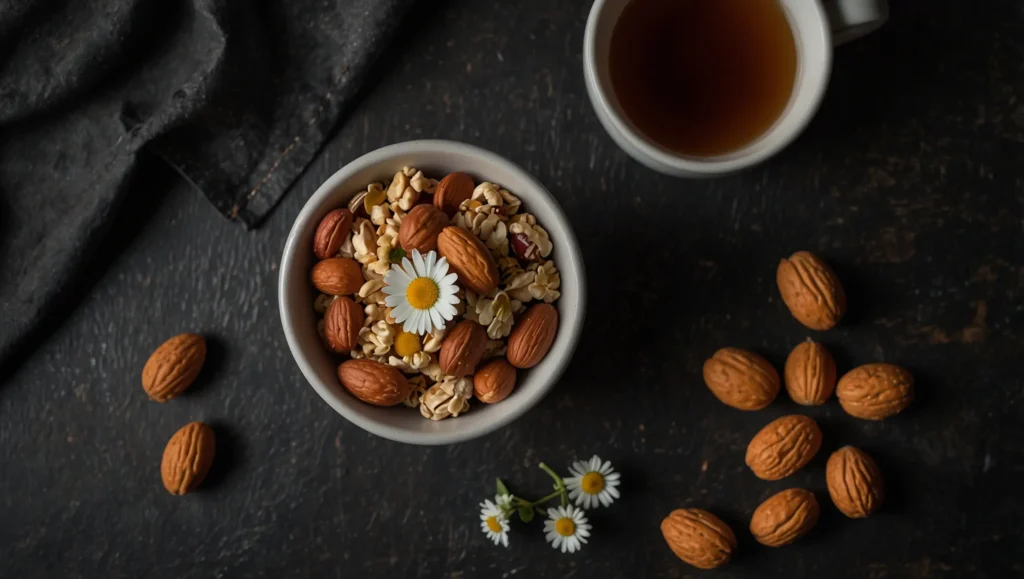 Amêndoas nozes chá de camomila cerejas e aveia — opções leves para comer antes de dormir sem engordar