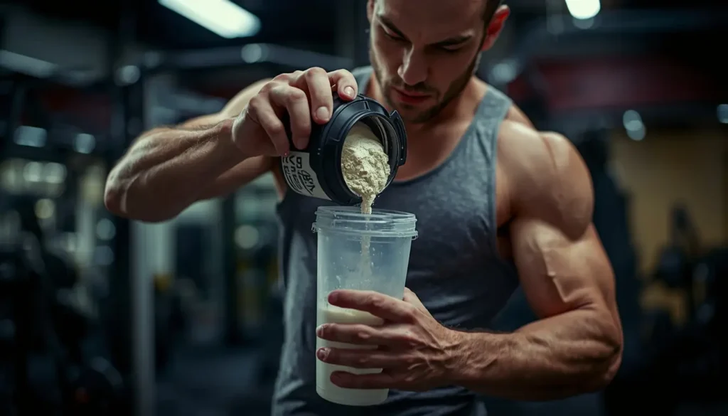 Pessoa a misturar creatina em pó no shaker pós-treino — como tomar creatina para ganhar massa muscular