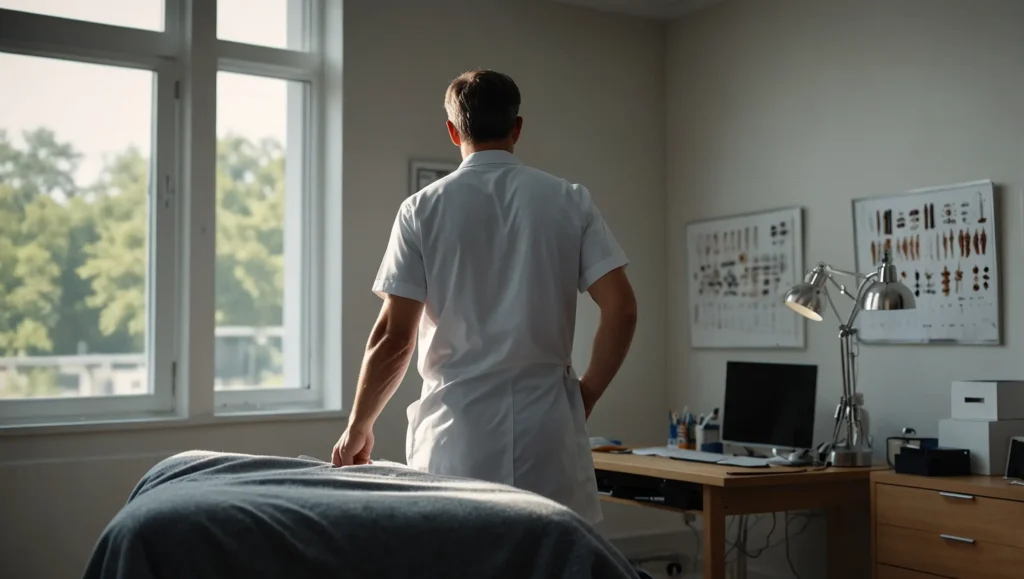 Médico examinando coluna de paciente com dor nas costas ao acordar — quando consultar médico