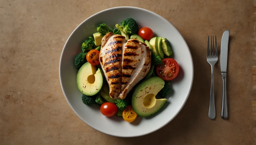 Prato abundante e colorido com proteína vegetais e gorduras saudáveis — emagrecer sem passar fome 10 estratégias