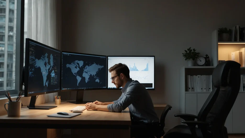 Pessoa ao computador com ecrã ao nível dos olhos e postura correcta — ergonomia para prevenir dor no pescoço