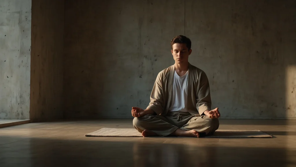 Pessoa com expressão de frustração durante tentativa de meditação — erros comuns na meditação para iniciantes