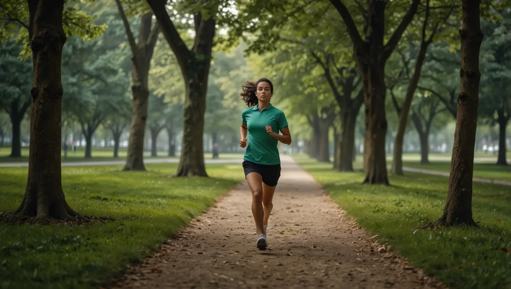 Pessoa a correr suavemente ao ar livre — exercício aeróbico moderado reduz o cortisol naturalmente