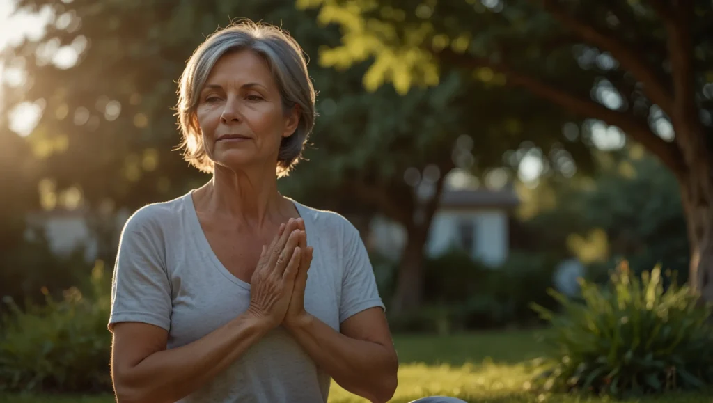 Mulher a fazer yoga ou caminhada para melhorar sono na menopausa — exercício e mindfulness para insônia na menopausa